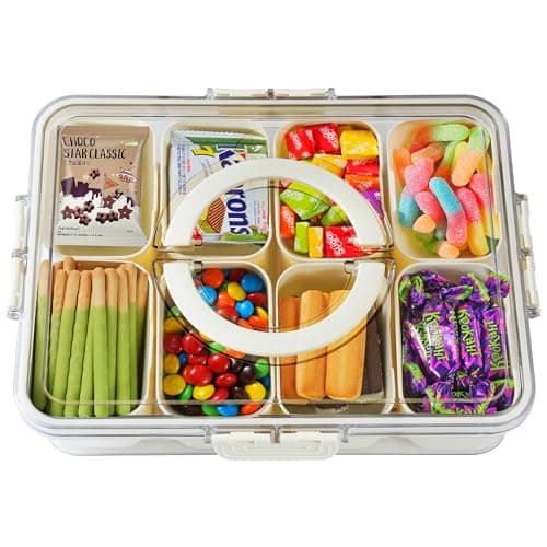 Snackle Box Container Divided Serving Tray with Lid and Handle 8 Compartment Snack Container Fruit Tray White Snack Box Container Snackle Box Charcuterie Container for Fruits, Nuts, Cookies, Candies