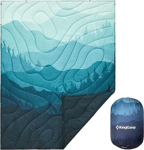 KingCamp Lightweight Camping Blanket - Puffy Printed Warm Camping Quilt with Snap Button - Portable for Travel, Hiking, Stadium, Airplane - 79" x 57" - Cyan