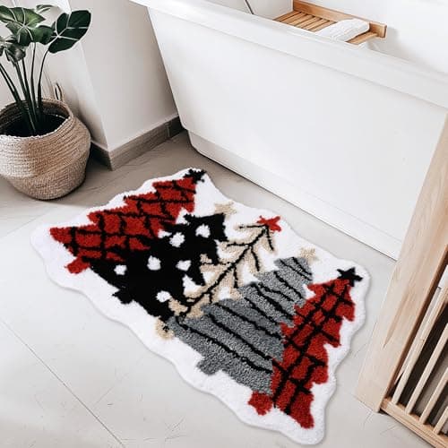 JarThenaAMCS Christmas Tree Bathroom Rugs Red Black Dot Plaid Tree Bath Mat Non Slip Holiday Bath Carpet Front Door Mat for Xmas Winter Home Decoration