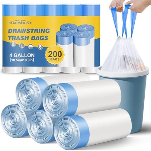 Charmount Small Trash Bags 4 Gallon, 200 Count Drawstring Mini Garbage Bags, Plastic Trash Can Liners for Bathroom Accessories, Bedroom, Dorm Room Essentials, Office