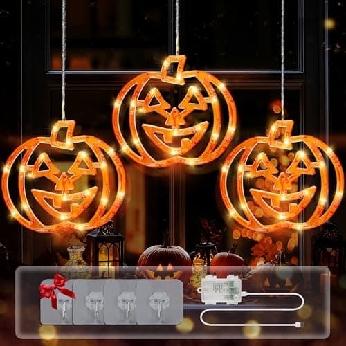 BEEWIN Halloween Window Lights, 48 LED 3 Orange Pumpkin Halloween Lights with Timer, 8 Modes Waterproof USB and Battery Operated Hanging Light for Outdoor Indoor Patio Party Home Decorations