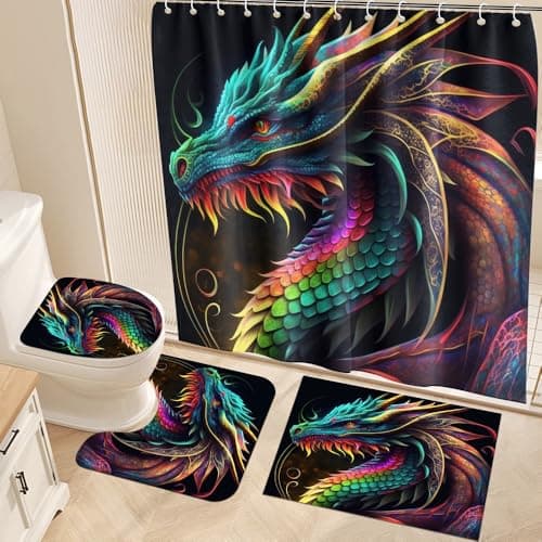 Reateforin 4PCS Dragon Shower Curtain Set with Rug Medieval Mythical Creature Fantasy Animal Cool Dragon Bathroom Decor Set for Boys Teens Waterproof Fabric Shower Curtain Non-Slip Bath Mats Rugs