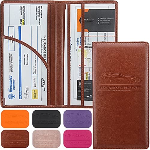 LumiMokki Premium Car Registration & Insurance Card Holder with Magnetic Shut, Vehicle Glove Box Car Organizer - For Documents, Cards, License (Brown)