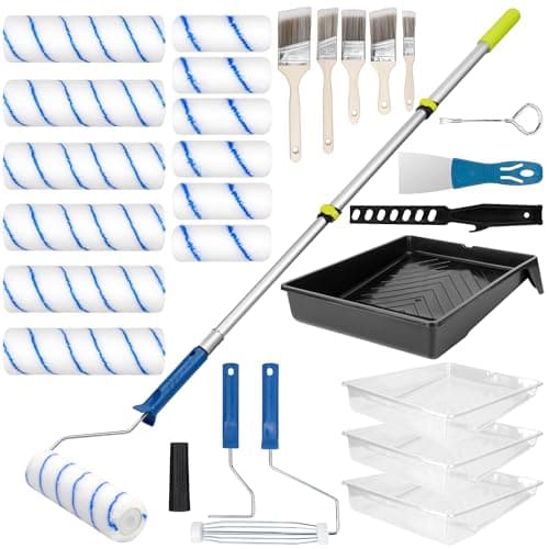 28 PCS Paint Roller Kit with Extension Pole, 4" 9" Paint Roller with Tray, Paint Brushes Set for Professional Painting, House Wall Ceiling Painting Supplies for All Latex and Oil Paints & Stains