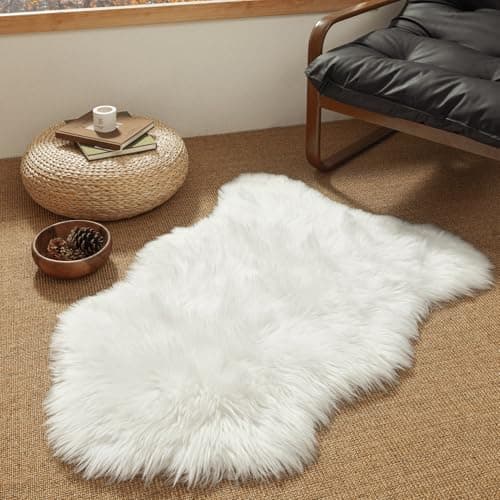 Ashler Faux Fur Rug, Fluffy White Small Sheepskin Rug, Ultra Soft 2x3 Ft Mat, Machine Washable Shag Mats, Nursery Throw for Bed, Living, Kids Room