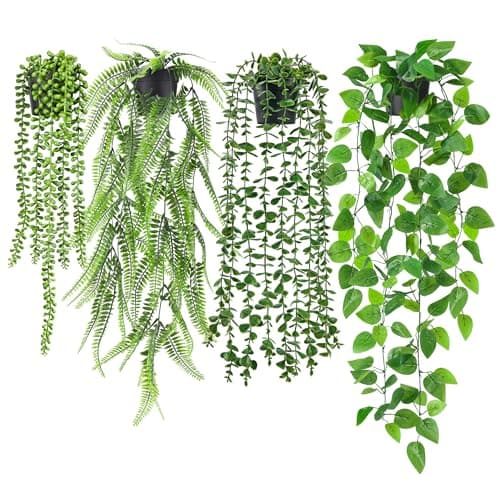 Der Rose 4Pcs Fake Plants Hanging Artificial Ivy Vine Faux Eucalyptus Hanging Plants, Boston Fern, String of Pearls for Living Room Bedroom Boho Wall Shelf Indoor Outdoor Decor