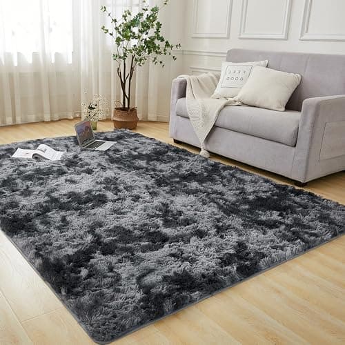 Andency 4x6 Shag Area Rug for Living Room, Tie-Dyed Dark Grey Soft Fuzzy Plush Indoor Carpets for Bedroom, Non Skid Fluffy Faux Fur Rug for Room