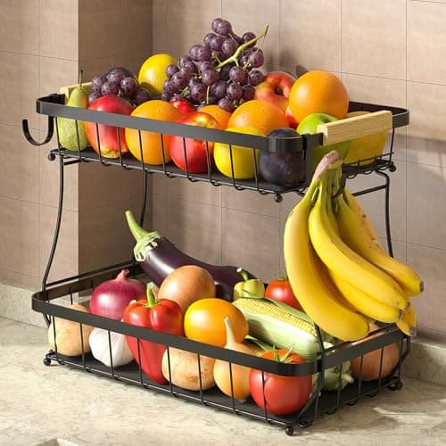 Sevenblue 2 Tier Fruit Basket for Kitchen with 2 Banana Hangers, Detachable Metal Fruit Bowl for Kitchen Counter for Fruit and Vegetable Storage, Large Capacity Rectangular Storage Stand Bowls