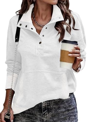 SHEWIN Sweatshirt For Women Loose Fit Casual Button V Neck Solid Lightweight Pullover Sweatshirts Long Sleeve Fall Tops with Pocket,US 8-10(M),White