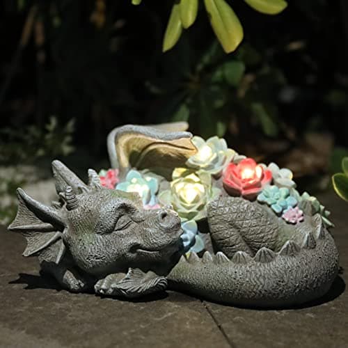 Garden Dragon Statue Outdoor Decor, Coiled Sleeping Dragon Figurine with Solar Light Succulent, Waterproof Resin Garden Sculpture for Outside Lawn Patio Yard Ornament Gifts