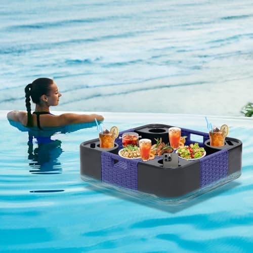 EAGLE PEAK 24”x24” Square Floating Tray for Pool and Hot Tub Wicker Serving Tray with Handles & Cup Large Floating Tray for Food & Drinks, Blue