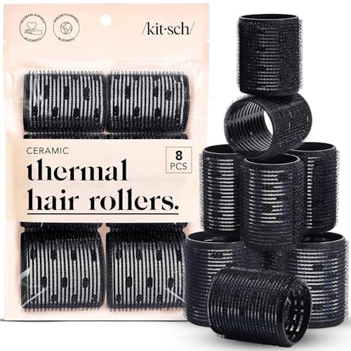 Kitsch Ceramic Thermal Hair Rollers for Women – Self Grip Hair Curlers for Heatless Curls Overnight - Volumizing Large Rollers for Short & Long Hair - For Long Lasting Frizz-Free Curls - Black, 8pcs