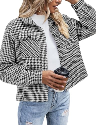 Zeagoo Shacket Women Cropped Flannel Plaid Button Down Jacket Black Houndstooth Casual Fall Fashion Coats