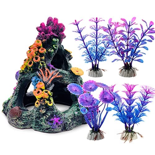 GSD Aquarium Colorful Coral Reef Set Fish Tank Decoration Mountain Ornament for Aquarium Environments Decor Accessories, Coral Mountain x 1, Aquatic Plant x 4