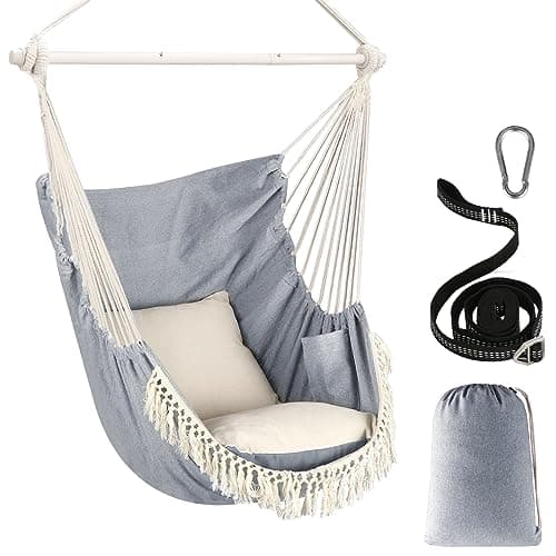 Chihee Hammock Chair Hanging Swing Max 500 Lbs 2 Cushions Included Steel Spreader Bar with Anti-Slip Grooves Portable Hanging Chair Side Pocket Large Macrame Bohemian Chair Indoor Outdoor