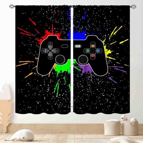 Gamer Curtains for Boys Room, Kids Teens Men Gaming Colorful Gamepad Controller Cooling Graffiti Video Game Room Decor Window Drapes Treatments for Living Room Nursery Playroom, 42"x45" Inch