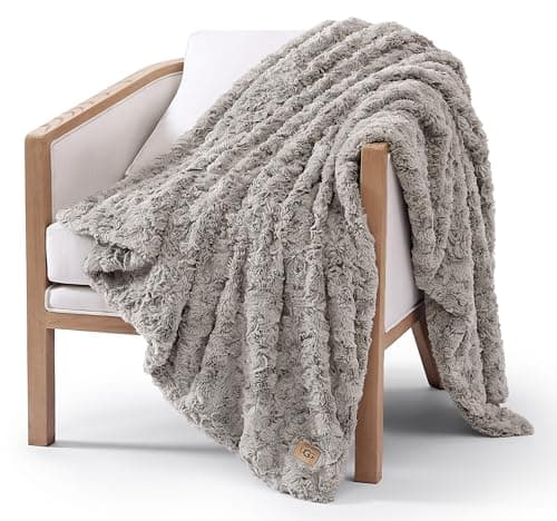 UGG Adalee Faux Fur Throw Blanket Luxury Lightweight Cozy Soft Throw for Couch Bed or Chair Hypoallergenic Machine Washable Double-Sided Fluffy Blanket Home Decor, 50-inch x 70-inch, Seal Grey