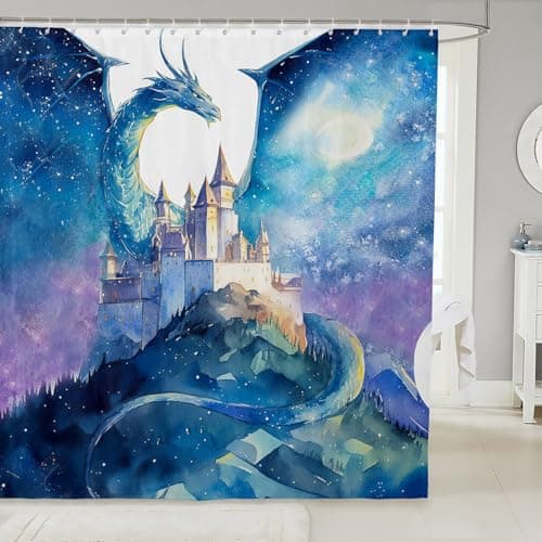 Cartoon Castle Shower Curtain Dragon Pattern Bathroom Shower Curtain Set for Kids Adult Fairy Tale Theme Bath Curtain Watercolor Tie-dye Waterproof Curtains Room Decor 72 x 72 Inch