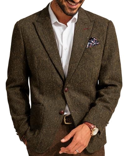 PJ PAUL JONES Mens Casual Sport Coat Vintage 2 Button Wool Herringbone Blazer Peaked Lapel Tweed Blazer Jacket Brown XL