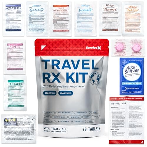 SurviveX Travel Medicine Kit - Compact TSA-Approved Medication Pack for Travel, Camping, Cruises - Includes Over-The-Counter Individual Medicine Packets