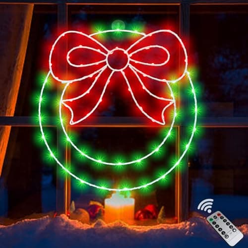 CESOF Christmas Wreath Window Lights Decorations, 14" Lighted Christmas Wreath with Bow, Remote Control Timer USB Powered Window Silhouette Lights for Home Door Wall Home Winter Xmas Party Decor