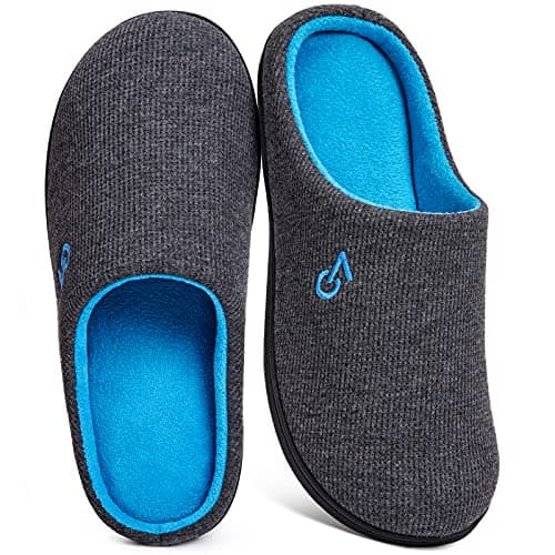 VeraCosy Men's Two-Tone Memory Foam House Slippers Indoor Outdoor Durable Rubber Sole (Dark Gray/Blue, 9-10 US)