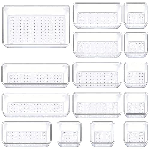 Manalete Drawer Organizers Set of 15, 4 Sizes Clear Plastic Drawer Organizers and Storage Bins for Kitchen, Bathroom, Office, Dresser Desk Drawer Organizer Tray for Jewelry, Makeup, Junk, Gadgets