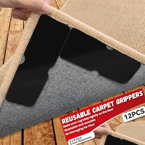Urdar Brunnr Rug Carpet Non Slip Grippers, Reusable Rug Tape Pads, Strong Adhesive Carpet Grippers for Area Rugs, Keep Corners Flat, No Damaging for Floor Removable, 12Pcs
