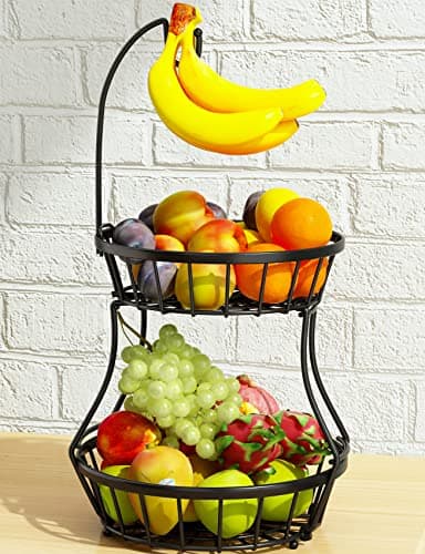 2-Tier Fruit Basket Bowl Stackable Vegetable Storage with Banana Tree Hanger Stand for Kitchen Countertop, Metal Wire Basket for Bread Onions Potatoes Black