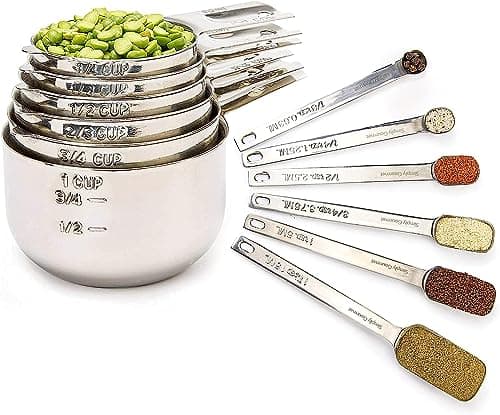 Simply Gourmet Measuring Cups and Spoons Set of 12, 304 Premium Stainless Steel, Stackable Cups Long Handle Spoons Fits Narrow Jars, Kitchen Gadgets for Liquid & Dry Ingredients Cooking Baking