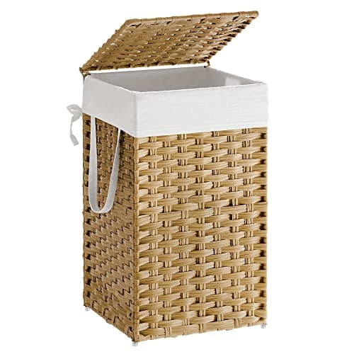 SONGMICS Laundry Hamper with Lid, 17.2 Gallon (65 L) Synthetic Rattan Clothes Laundry Basket with Lid and Handles, Foldable, Removable Liner, Goose Yellow ULCB165N01