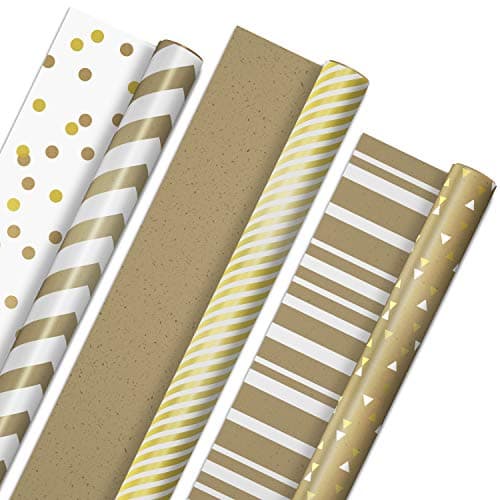 Hallmark White and Gold Wrapping Paper Rolls for Graduation, Birthday, Wedding, Bridal Shower, All Occasion - Brown Kraft Gift Wrap (Set of 3 Reversible Rolls: 75 sq. ft. ttl.)