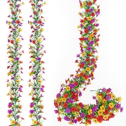 MEIVINES 2 Pack Artificial Flowers Garland Ivy,Spring Summer Decor UV Resistant Fake Daisy Vines Floral Vine Silk Hanging Flower for Decor Home Garden Wedding Photo Booth Backdrop (Red Yellow Purple)