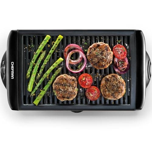 Chefman Electric Smokeless Indoor Grill w/ Non-Stick Cooking Surface & Adjustable Temperature Knob from Warm to Sear for Customized BBQing, Dishwasher Safe Removable Water Tray, Black