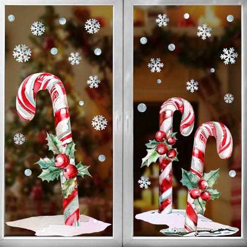 Pawliss Christmas Window Clings Decor, 2 Sheets Extra Large Candy Cane Window Clings with Red Berry and Holly Leaves, Rustic Candy Snowflakes Xmas Window Stickers for Home Office Holiday Party Décor