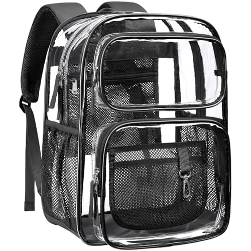 PACKISM Clear Backpack for School - 17 inch Large Heavy Duty Clear Bookbag for Boys and Girls, See Through PVC Transparent Backpacks with 2 Front Pockets for College Work, Black (for age 12 above)