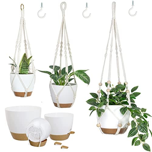 Bouqlife Hanging Planters with Macrame Plant Hangers for Indoor Outdoor Plants 3 Set Self Watering Pots Hanging Baskets Flower Pot Holders 3 Different Size