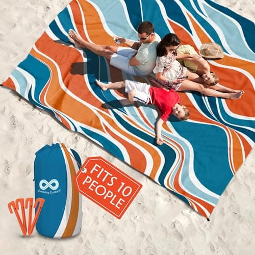 Everlasting Comfort Large Beach Blanket Waterproof & Sandproof - 128” x 108” /10.7ft x 9ft - Lightweight Picnic Mat, Camping Necessities for 10 People - Accessories for Outdoor Festivals - Orange