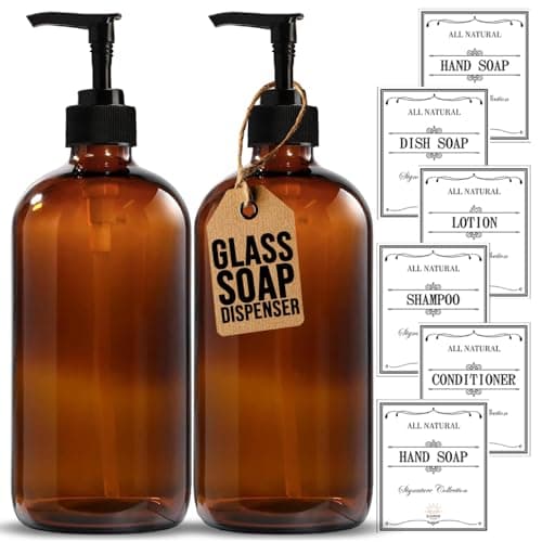 Sunrise Premium, 16 OZ Thick Amber Glass Soap Dispenser with Pump 2 Pack, Hand and Dish Soap Dispenser Set for Bathroom with 6 Waterproof Labels