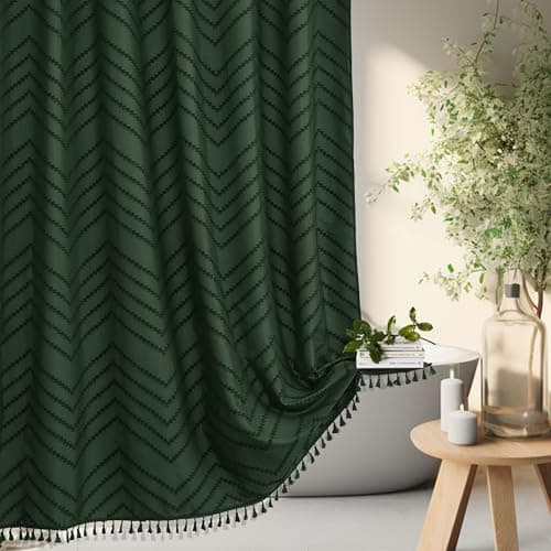 Siiluminisoy Dark Green Boho Shower Curtain with Tassel Woven Fabric Shower Curtain 72 x 72 Modern Farmhouse Textured Tufted Chevron Striped Minimalist Shower Curtains for Bathroom