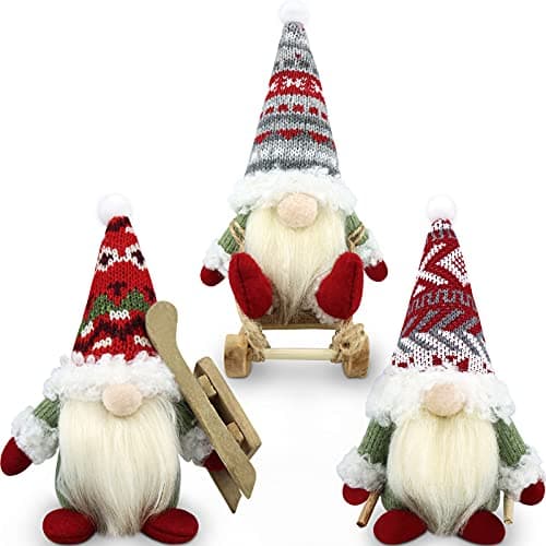 Gehydy Christmas Gnomes Decorations Set of 3 Mini Gnomes Plush Ski with Sled Handmade Scandinavian Tomte Knomes Nomes Santa Xmas Decor for Home Kitchen Farmhouse Tiered Tray