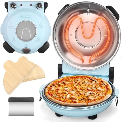 Baker’s Friend Electric Pizza Oven Indoor Countertop, 12 Inch Pizza Maker Machine for Home, Pizza Cooker & Pizza Grill, Premium Glazed Ceramic Stone Pizza Oven, Pale Blue