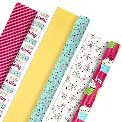 Hallmark Birthday Wrapping Paper Rolls - Colorful Gift Wrap Paper, Flowers, Cupcakes, Striped, Polka Dots (Set of 3 Reversible Rolls: 75 sq. ft. ttl.)