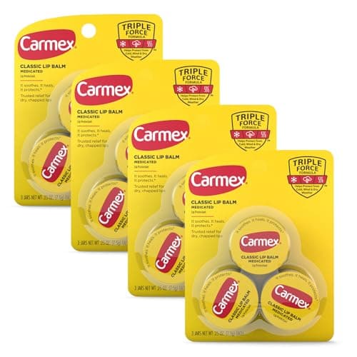 Carmex Medicated Lip Balm Jar, Lip Moisturizer for Dry, Chapped Lips, 0.25 OZ - (4 Packs of 3)
