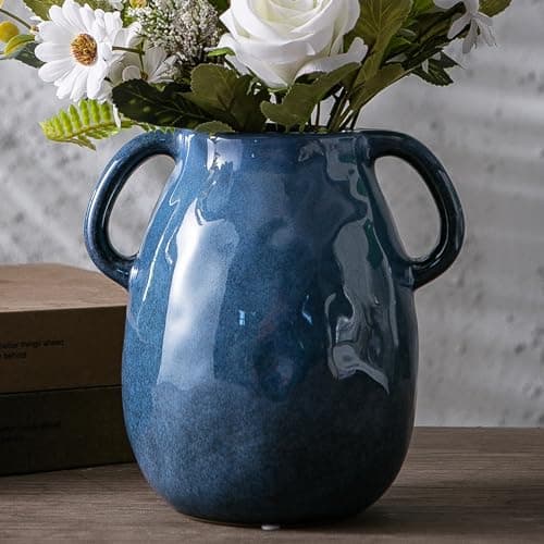 Blue Ceramic Vase with 2 Handles, Modern Farmhouse Vase for Home Decor, Rustic Pottery Vase, Decorative Terracotta Vase for Pampas Grass, Clay Vase, Boho Vases for Living Room Dining Table Shelves