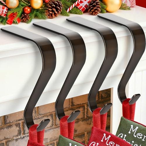 Christmas Stocking Holders for Mantle Set 4, Non-Slip & Scratch-Free Stocking Holder for Fireplace Christmas Decorations, Upgrade Lightweight Mantle Stockings Hangers Hooks for Xmas Decor (Nickel)