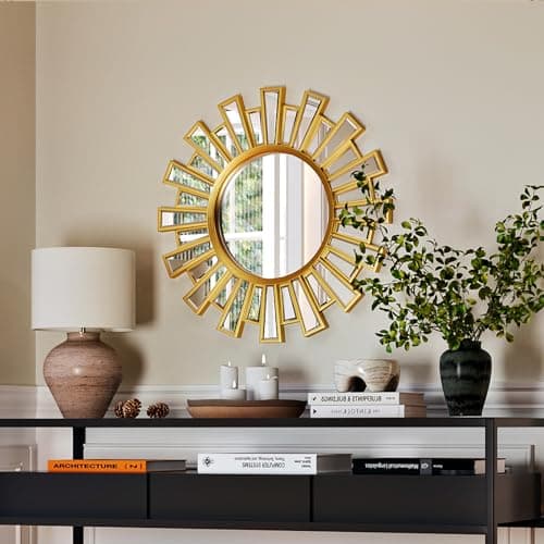 CozyDH Decorative Sunburst Mirror Gold - Large Sun Mirror for Wall Decor 24 inch, Round Modern Boho Sun Wall Art for Bedroom Living Room Hallway Bathroom Entrance
