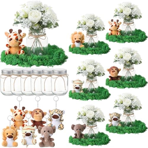 Soulchen 6 Sets Safari Stuffed Animals Christmas Table Centerpieces Jungle Animal Plush Mason Jar Vase Artificial Peony Flowers Faux Moss with Twine for Forest Xmas Birthday Party Decor