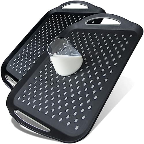 Large Nonslip Serving Tray with Handles, Silicone Grippy Dots Lap Food Trays for Eating, Dishwasher Safe Serve for Breakfast Dinner Snack Fruit Appetizers Beverage, Rectangular, Set of 2, Black