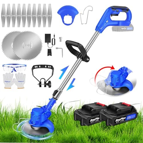 21V Cordless Strimmer, Cordless Lawn Trimmer Weed Wacker with 12x Metal Blades, 10000RPM, 2X 1500mAh Battery, Electric Garden Strimmer Grass Cutter for Lawn Edger Pruning Weed, Blue